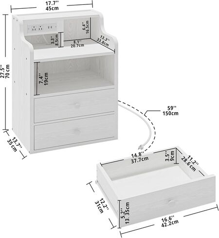 LIKIMIO White Nightstand with Charging Station 2 Drawers and Storage Shelves, Left and Right Interchangeable Sockets Bed Side Table Night Stand with Drawer in Saudi Arabia