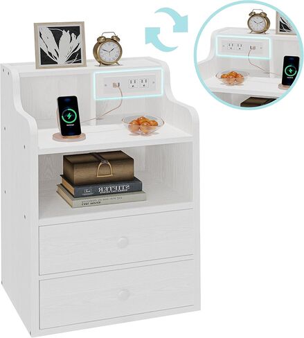 LIKIMIO White Nightstand with Charging Station 2 Drawers and Storage Shelves, Left and Right Interchangeable Sockets Bed Side Table Night Stand with Drawer in Saudi Arabia