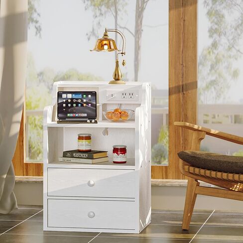 LIKIMIO White Nightstand with Charging Station 2 Drawers and Storage Shelves, Left and Right Interchangeable Sockets Bed Side Table Night Stand with Drawer in Saudi Arabia