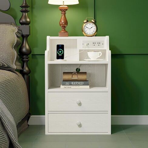 LIKIMIO White Nightstand with Charging Station 2 Drawers and Storage Shelves, Left and Right Interchangeable Sockets Bed Side Table Night Stand with Drawer in Saudi Arabia
