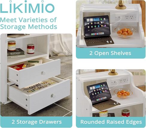 LIKIMIO White Nightstand with Charging Station 2 Drawers and Storage Shelves, Left and Right Interchangeable Sockets Bed Side Table Night Stand with Drawer in Saudi Arabia