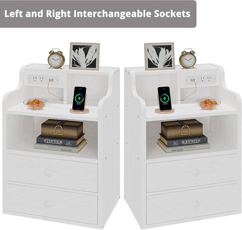 LIKIMIO White Nightstand with Charging Station 2 Drawers and Storage Shelves, Left and Right Interchangeable Sockets Bed Side Table Night Stand with Drawer in Saudi Arabia