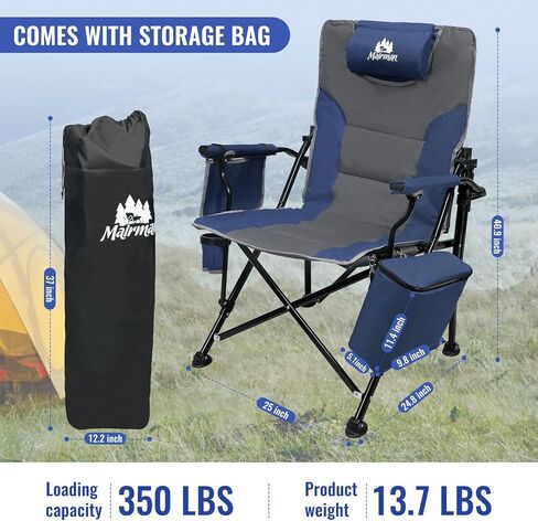 Camping Chairs Adjustable Backrest, Supports up to 350lbs Lawn Chair, Folding Chairs with Cup Holder, Cooler Bag, Removable Pillow, for Camping, Fishing, RV Trip (Blue&Grey) in Saudi Arabia