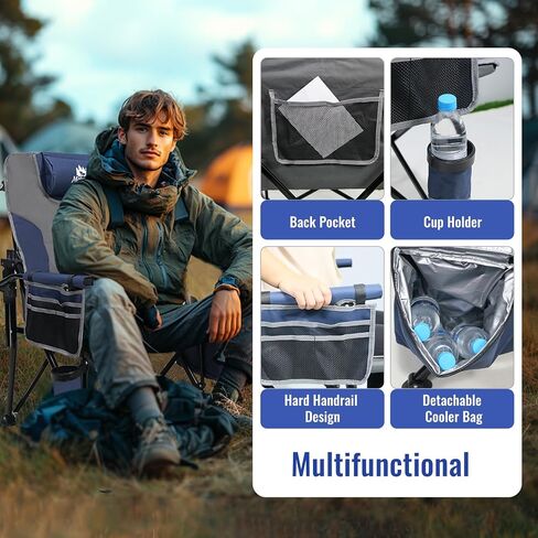 Camping Chairs Adjustable Backrest, Supports up to 350lbs Lawn Chair, Folding Chairs with Cup Holder, Cooler Bag, Removable Pillow, for Camping, Fishing, RV Trip (Blue&Grey) in Saudi Arabia