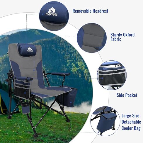 Camping Chairs Adjustable Backrest, Supports up to 350lbs Lawn Chair, Folding Chairs with Cup Holder, Cooler Bag, Removable Pillow, for Camping, Fishing, RV Trip (Blue&Grey) in Saudi Arabia