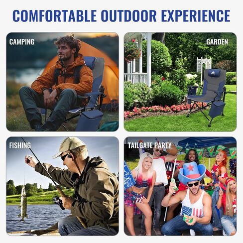 Camping Chairs Adjustable Backrest, Supports up to 350lbs Lawn Chair, Folding Chairs with Cup Holder, Cooler Bag, Removable Pillow, for Camping, Fishing, RV Trip (Blue&Grey) in Saudi Arabia