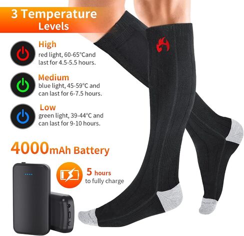 Upgraded Electric Heated Socks for Men Women, 4000mAh Rechargeable Battery Powered Foot Warmer with 3 Heating Levels, Winter Warm Thermal Socks for Outdoor Skiing Hiking Riding Camping Hunting in Saudi Arabia