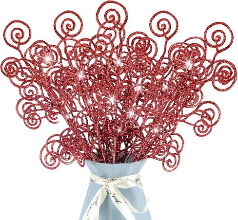 24 Pieces Glitter Christmas Picks Ornaments 10 Inches Decorative Sticks Candy Picks Curly Sprays Twigs for Christmas Tree Branches Vase Fillers Crafts Wreath Garland Party Wedding Holiday (24, White) in Saudi Arabia