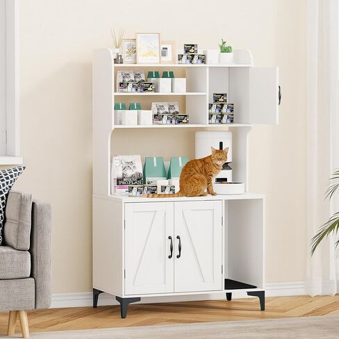 Cat Litter Box Enclosure with Shelves,Cat Litter Box Cabinet,Hidden Cat Box Furniture with Scratching Mat,Wood Sturdy Cat Washroom Storage, Indoor Cat House,White in Saudi Arabia