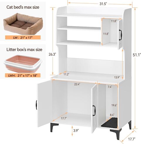 Cat Litter Box Enclosure with Shelves,Cat Litter Box Cabinet,Hidden Cat Box Furniture with Scratching Mat,Wood Sturdy Cat Washroom Storage, Indoor Cat House,White in Saudi Arabia