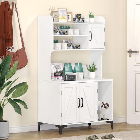 Cat Litter Box Enclosure with Shelves,Cat Litter Box Cabinet,Hidden Cat Box Furniture with Scratching Mat,Wood Sturdy Cat Washroom Storage, Indoor Cat House,White in Saudi Arabia