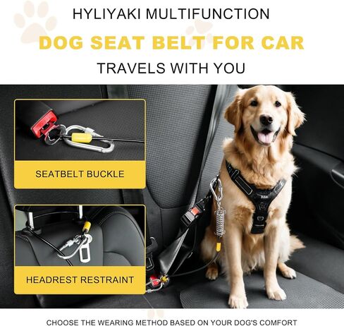 Dog Seat Belt Harness for Car, 5-in-1 Coated Wire Dog Seatbelt, HYLIYAKI Shock Spring-Loaded No Chew Pet Dog Car Seatbelt Leash, with Removable Reflective Short Leash(Black, 32 inch/80 CM) in Saudi Arabia