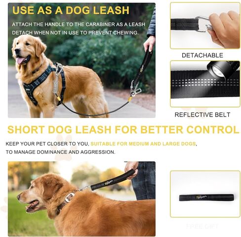 Dog Seat Belt Harness for Car, 5-in-1 Coated Wire Dog Seatbelt, HYLIYAKI Shock Spring-Loaded No Chew Pet Dog Car Seatbelt Leash, with Removable Reflective Short Leash(Black, 32 inch/80 CM) in Saudi Arabia