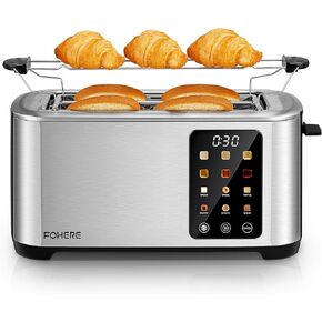4 Slice Toaster Touch Screen Control, Long Extra Wide Slots Smart Bread Toaster, 6 Bread Types & 6 Shade Settings, Stainless Steel Toaster, with Removable Tray, Cancel/Defrost/Reheat Function, Sliver
