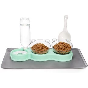 Cat Food Water Bowl, Triple Cat Bowls with Mat and Scoop, 15° Tilted Raised Cat Bowl Dishes with Automatic Water Bottle, Pet Feeding Bowls for Cat, Small Dogs, Wet, Dry Food