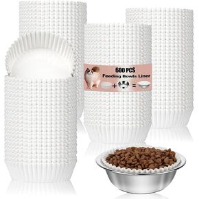 600 PCS Pets Disposable Feeding Bowls Liner with Stainless Steel Bowl, Small White Paper Bowls Bulk for Cat Food, Cat Feeding Bowls Liners for Small Dogs Cats Wet Food Feeding Station