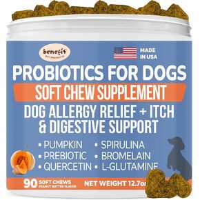 Probiotics for Dogs, Allergy Relief Soft Chew Treats, Fiber Supplement & Enzyme Prebiotic for Digestion Support, Itchy Skin, Reduce Diarrhea - Pumpkin for Dogs, Made in USA (90 ct) in Kuwait