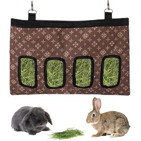 Rabbit Hay Feeder Bag, Large Capacity Rabbit Hay Bag Small Animal Hanging Hay Bag 600D Oxford Cloth Bunny Hay Feeder Bag for Rabbits Guinea Pigs Chinchillas (Brown-4 Holes-1Pcs)