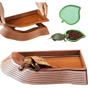 3PCS Tortoise Water Bowl with Ramp Leaf Tortoise Food Water Dish Turtle Pool Reptile Water Dish Tortoise Bathing Pool Turtle Soaking Dish Aquarium Habitat Accessories Small