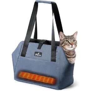 iPettie Heated Cat Carrier، حامل الكلاب للكلاب الصغيرة، حامل الحيوانات الأليفة معتمد من شركة الطيران للسفر والمشي وزيارات الطبيب البيطري، حامل ناعم الجوانب مع وسادة تدفئة قابلة للإزالة وإبزيم أمان، أزرق دينيم