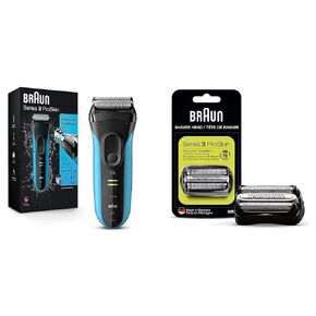 Braun Electric Series 3 Razor with Precision Trimmer, Rechargeable, Wet & Dry Foil Shaver for Men, Blue/Black, 4 Piece & Foil & Cutter Replacement Head (Packaging May Vary)