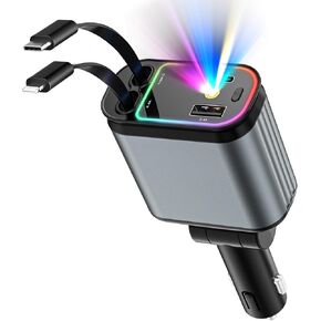 Car Charger with Starlight, 66W USB C Car Charger Adapter, 4 in 1 Retractable Car Charger with 2 USB Ports Car Phone Charger, Fast Car Charger for iPhone 15/14/13/12/11, Compatible with Pixel