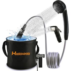 Portable Shower Camping Outdoor Camp Shower Pump, Rechargeable Battery Powered Shower 2 Head with Foldable Collapsible Bucket, Large Water Flow for Hiking, Traveling, Beach Washing Cleaning