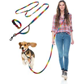 Rainbow Hands Free Dog Leash Heavy Duty with Adjustable Collar Set no Pull for Medium Small Training Correa para Perros Service Running Dual Padded Tangle Free Long Waist Walking Belt for Breed Puppy in Saudi Arabia