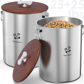 2PK 24-25 Lbs total 50 lbs Stainless Steel Airtight Dog Food Containers with Wooden Lid to Keep Fresh, Metal Dog Food Storage Container with Ceramic Handle, Easy Clean Dog Food Bin, Cat Food Container