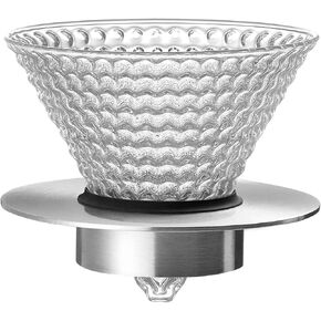 Pour Over Coffee Maker 02 V60 Cone Dripper Reusable Coffee Filter Cup 1-4 Cups 1 Small Hole for Slow Brewing Accessory for Office Home Cafe Restaurant Clear Borosilicate Glass and Stainless Steel