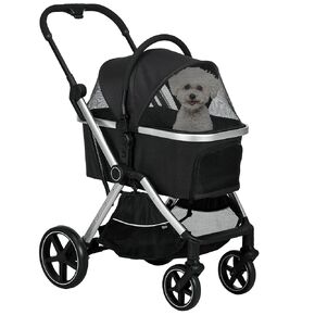 PawHut 2 in 1 Pet Stroller for Small Dogs and Cats, Folding Dog Stroller with Storage Basket, Removable Carriage, Cushion, Safety Leashes, Black