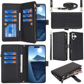 Jaorty Fit for iPhone 16 Plus 5G Phone Case Wallet for Women with Strap,Crossbody Shoulder Lanyard Wallet Case for iPhone 16 Plus with Card Holder,Zipper Pocket PU Leather Phone Case,6.7" Black