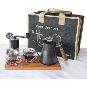 SOTECH Pour Over Coffee Maker Set with Black Gooseneck Kettle Wooden Storage Tray Coffee Dripper Glass Server Coffee Scoop DIY Manual Coffee Maker Set (Portable Sack Set) (coffee maker set) in Kuwait