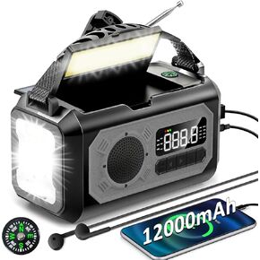 12000mAh Emergency Weather Radio, Hand Crank Radio, Portable AM/FM/NOAA Radio with 2 Solar Panels, Multi-Function Solar Radio with Flashlight Reading Lamp SOS, Compass, Power Bank(Grey)