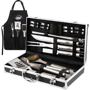 Kaluns BBQ Grill Accessories, Fathers Day Grilling Gifts for dad, Grill Tools for Outdoor Grill, Heavy Duty Stainless Steel Grill Set with Aluminum Case and Apron, Barbeque Tools for Father's Day