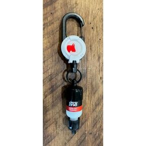 White Zinger Retractor with Stainless Steel Cable, Black Rubber Bottle Holder, Goat Float Dry Fly Floatant