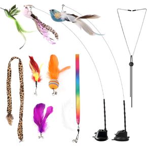 Interactive Cat Toys for Bored Indoor Adult Cats Suction Cup Cat Toy Bird Simulation Feather Toys Cat Wands Hanging Cat Toy