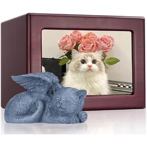 Pet Urns for Cats,Wooden Cat Ashes Keepsake Cat Urn for Ashes,Cat Photo Urn, Urns for Cat Ashes, Pet Cremation Box with Resin Cat Angel Statue and Ashes Bag