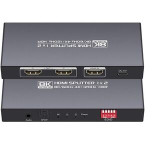 8K HDMI Splitter 1 in 2 Out 4K120hz，HDMI 2.1 Splitter 1x2 8K60Hz，Downscaler EDID Mode，with Spdif, 3.5mm Audio Out，Compatible with Xbox Series X, PS4 Pro, PS5, Blu-ray Player