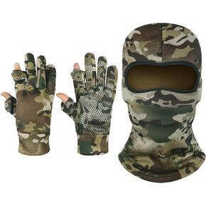 Geyoga 2 Pcs Hunting Camouflage Gloves and Face Mask Set Anti Slip Full Finger Fingerless Mitten Camo Gloves for Men Camouflage Balaclava Hunting Mask Balaclava Full Face Cover