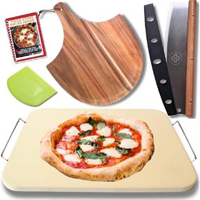 Advanced Pizza Stone for Oven and Grill - Ceramic Coated Non Stick with Wooden Pizza Peel Paddle & Pizza Cutter Set - Detachable Serving Handles - BBQ Grilling Accessories - 15" Large Stone