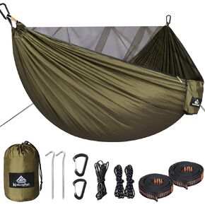 Camping Hammock with Net | 300kg Load Capacity,(290 x 140 cm) Breathable,Quick-Drying Parachute Nylon | Complete Accessories | Easy to Setup Travel Hammock Outdoor Indoor Garden