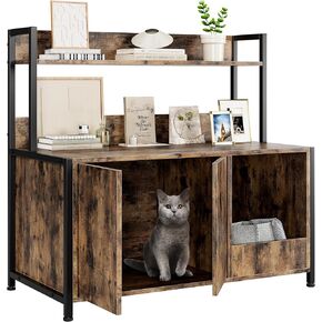 Litter Box Enclosure with Shelves Storage, 2-in-1 Hidden Litter Box with Doors, Indoor Litter Box Furniture, Cat Wooden Washroom Furniture with Scratching Pad, Pet Storage Cabinet, Rustic Brown