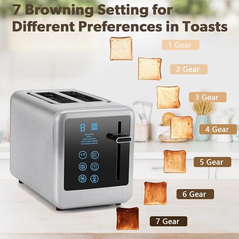 Toaster 2 Slice,Toasters with LCD Touch Screen and Countdown Timer,Stainless Steel Toaster with Toasting One Slice,7 Shade Settings, 6 Bread Types,Toaster with Bagel/Defrost/Reheat/Cancel Function in Kuwait