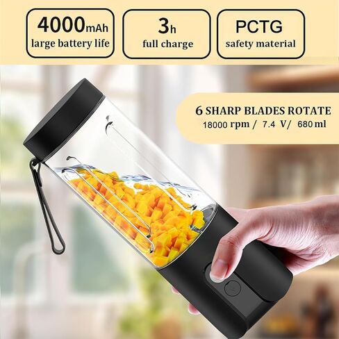 Portable Blender 23oz, Personal Size Blender for Shakes and Smoothies with 6 Blades, Cordless Blender with wide-mouth cup and 4000mAh Rechargeable Juices, Baby Food & Food Processor, Black 1 in Saudi Arabia
