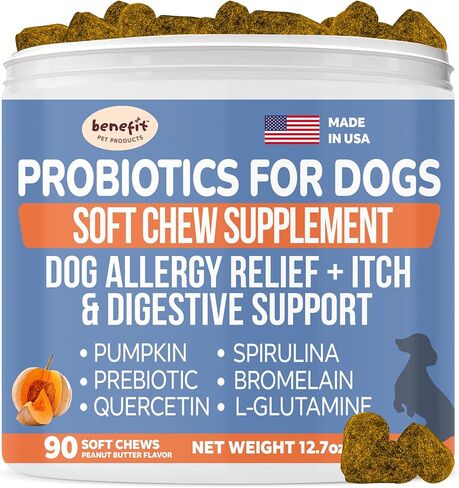 Probiotics for Dogs, Allergy Relief Soft Chew Treats, Fiber Supplement & Enzyme Prebiotic for Digestion Support, Itchy Skin, Reduce Diarrhea - Pumpkin for Dogs, Made in USA (90 ct) in Kuwait