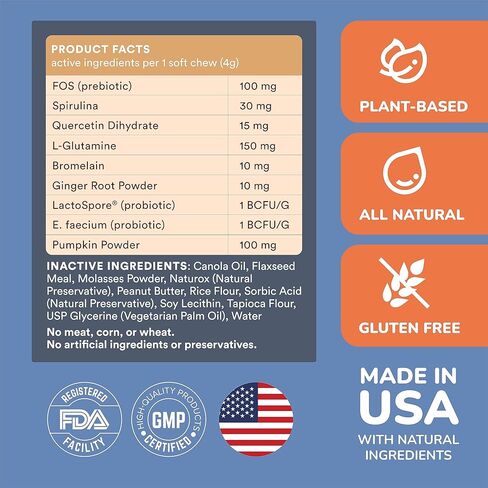 Probiotics for Dogs, Allergy Relief Soft Chew Treats, Fiber Supplement & Enzyme Prebiotic for Digestion Support, Itchy Skin, Reduce Diarrhea - Pumpkin for Dogs, Made in USA (90 ct) in Kuwait