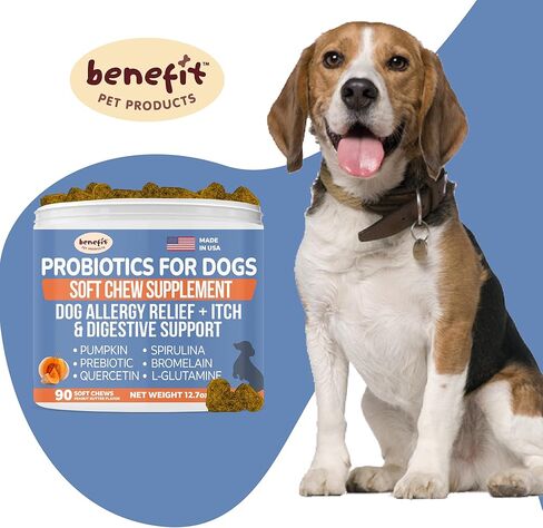 Probiotics for Dogs, Allergy Relief Soft Chew Treats, Fiber Supplement & Enzyme Prebiotic for Digestion Support, Itchy Skin, Reduce Diarrhea - Pumpkin for Dogs, Made in USA (90 ct) in Kuwait