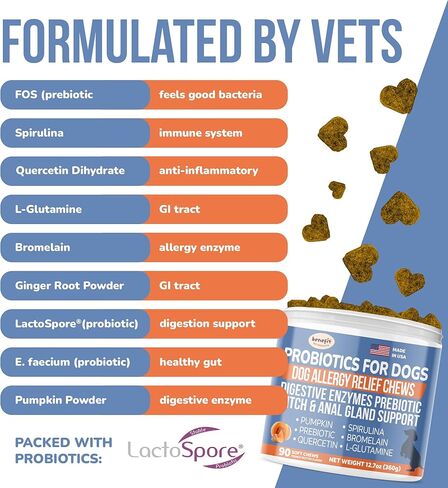 Probiotics for Dogs, Allergy Relief Soft Chew Treats, Fiber Supplement & Enzyme Prebiotic for Digestion Support, Itchy Skin, Reduce Diarrhea - Pumpkin for Dogs, Made in USA (90 ct) in Kuwait