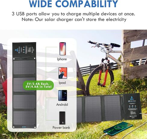 BigBlue 28W Solar Charger with 3 USB Ports(5V/4.8A Max in Total), Portable Solar Phone Charger, Foldable Camping Solar Panels Compatible for iPhone 11/Xs/XS Max/XR/X/8/7, iPad, Galaxy S9/S8, LG etc in Saudi Arabia